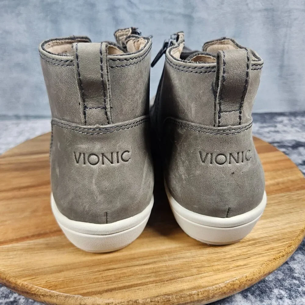 Vionic Shawna Water Resistant High Top Gray Nubuck Leather 10 M Side Zip Lace Up